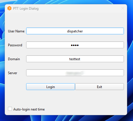Login dialog where the console connects to the PTT backend