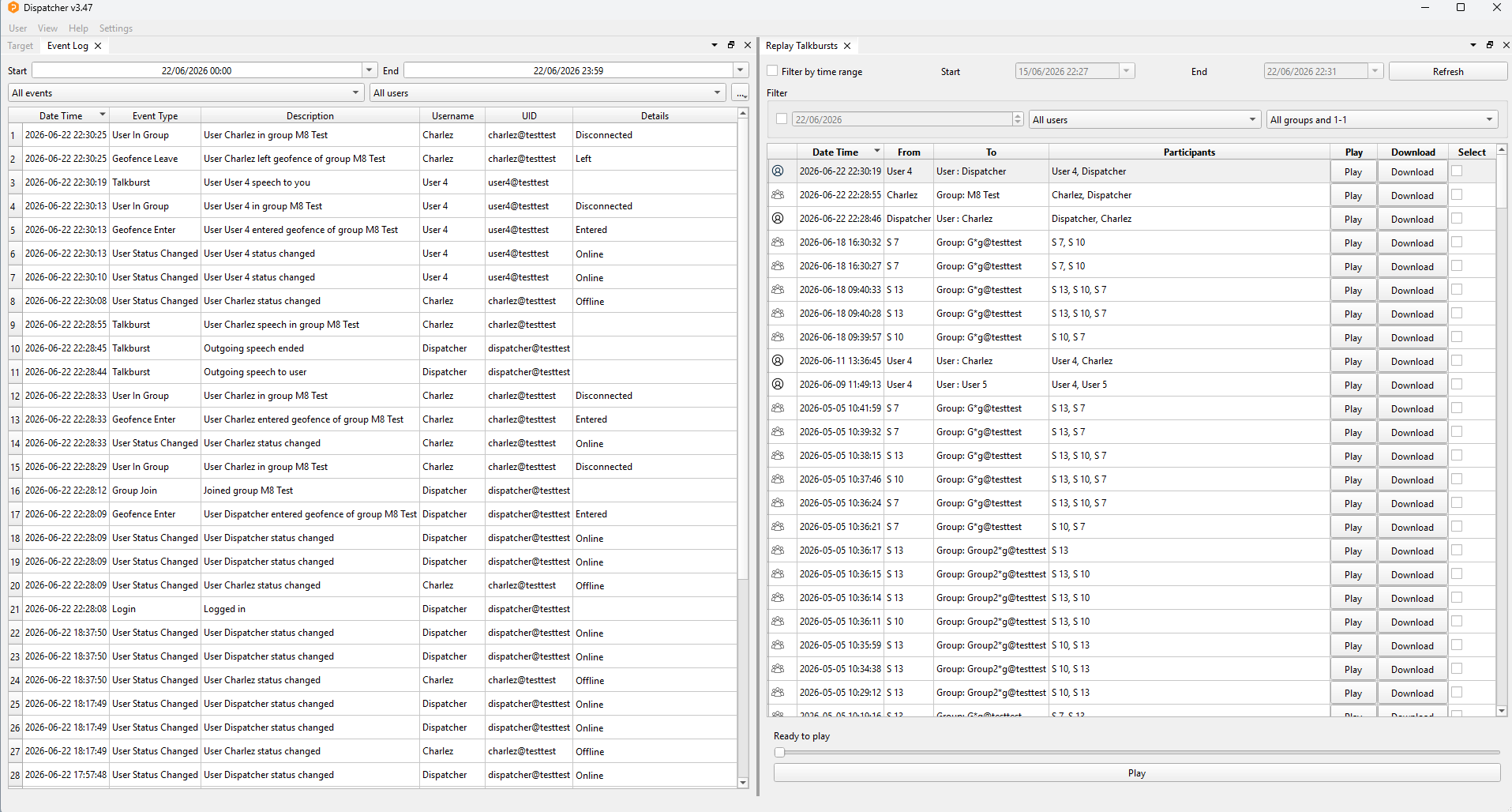Event log and call recording with searchable replay and download